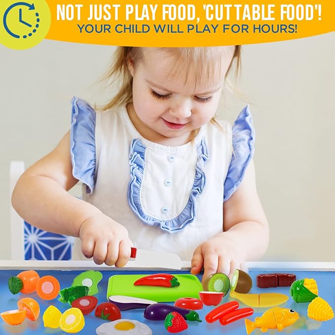 FUNERICA Cuttable Play Food, Fruits and Vegetables for Kids, Pretend Kitchen Toy Accessories Set with Knives, Cutting Board, Plates - Cutting Food for Toddlers and Kids
