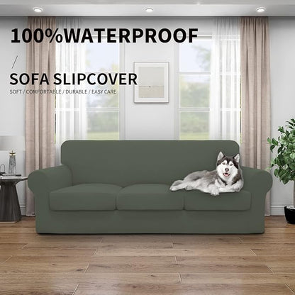 Easy-Going 100% Dual Waterproof Stretch Soft Couch Cover for Dogs, Sofa Slipcover for 3 Separate Cushion Couch Leakproof Furniture Protector for Kids, Pets Grayish Green