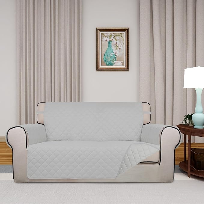 PureFit Reversible Quilted Sofa Cover, Water Resistant Furniture Protector, Washable Couch Cover with Non Slip and Elastic Straps for Kids, Dogs, Pets (Oversized Loveseat, Light Gray/Light Gray)