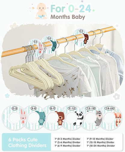 Baby Hangers, VIS'V 11 Inch Beige Velvet Kids Hangers with 6 Pcs Size Dividers Non Slip Nursery Children Closet Clothes Hangers for Infant Toddler Girls and Boys 30 Pcs