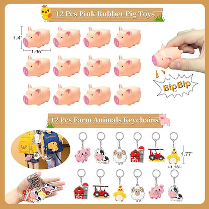 Farm Animals Party Favors Supplies 108 Pcs Birthday Party Decorations Goodie Boxes Bubble Wands Stampers Rubber Pigs Figures Keychains Pull Back Cars Slap Bracelets Stickers Toys For Kids Boys Girls