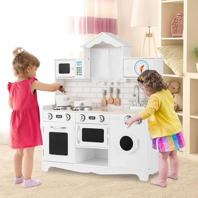 HONEY JOY Kids Kitchen Playset, 31 Inch Rooftop Wooden Play Kitchen for Toddlers, Microwave, Clock, Washing Machine, Cookware, Little Chef Pretend Play Toy Kitchen Set, Gift for Boys Girls, White