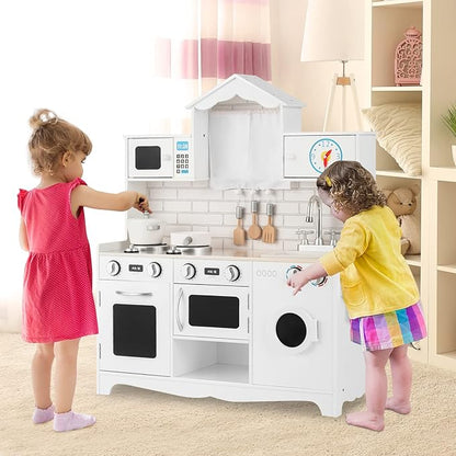 HONEY JOY Kids Kitchen Playset, 31 Inch Rooftop Wooden Play Kitchen for Toddlers, Microwave, Clock, Washing Machine, Cookware, Little Chef Pretend Play Toy Kitchen Set, Gift for Boys Girls, White