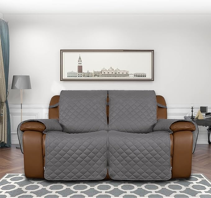 Easy-Going Loveseat Recliner Cover, Reversible Couch Cover for Double Recliner, Split Sofa Cover for Each Seat, Furniture Protector with Elastic Straps for Kids, Dogs, Pets(2 Seater, Gray/Light Gray)
