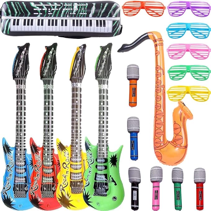 OuMuaMua Inflatable Rock Star Toy Set, 18 Pack Inflatable Party Props - 4 Inflatable Guitar, 6 Microphones, 6 Shutter Shading Glasses, 1 Saxophone and 1 Inflatable Keyboard Piano Inflatable Rock Toys