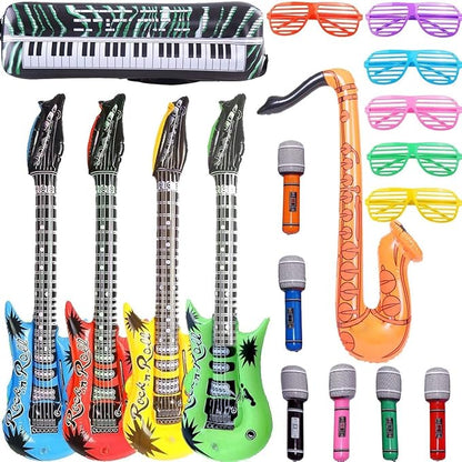 OuMuaMua Inflatable Rock Star Toy Set, 18 Pack Inflatable Party Props - 4 Inflatable Guitar, 6 Microphones, 6 Shutter Shading Glasses, 1 Saxophone and 1 Inflatable Keyboard Piano Inflatable Rock Toys