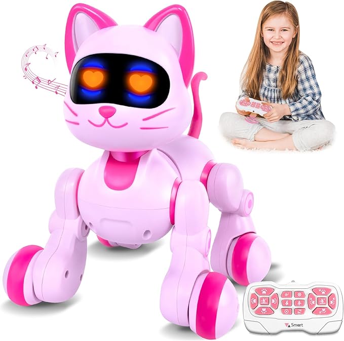 Robot Cat Interactive Toys for Girls: Remote Control Electronic Pink Kitty Pet for Kids Age 3-5 4-6 Gifts for 3 4 5 6 7 8 Year Old Girls RC Toys with Touch Sensing Gestures Birthday Gift Ideas
