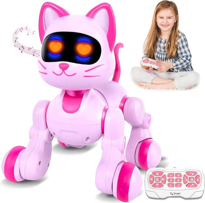 Robot Cat Interactive Toys for Girls: Remote Control Electronic Pink Kitty Pet for Kids Age 3-5 4-6 Gifts for 3 4 5 6 7 8 Year Old Girls RC Toys with Touch Sensing Gestures Birthday Gift Ideas