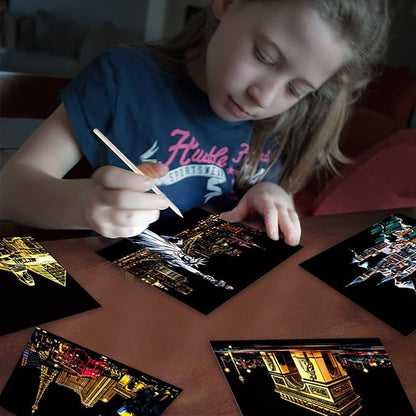 Georgie Porgy Scratch Paper Art Set DIY Arts and Crafts Kits for Kids Adults Magic Rainbow Scratch Postcards for Christmas Birthday Gift with Scratching Tools Kit (Classical Ancient Modern City)