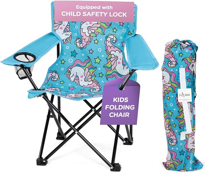Emily Rose Kids Folding Chair | Beach Chair with Safety Lock- Camping Chair for Boyos Girls Toddler with Cup Holder & Carry Case- Tailgate, Travel, Lawn- for Indoor & Outdoor (Sea Unicorns)