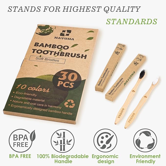 30PCS Biodegradable Bamboo Toothbrushes, BPA Free Soft Toothbrushes for Adults and Kids, Soft Bristles Toothbrushes, Eco-Friendly Natural Wooden Toothbrush Bulk, Box of Two Reusable Travel Toothbrush