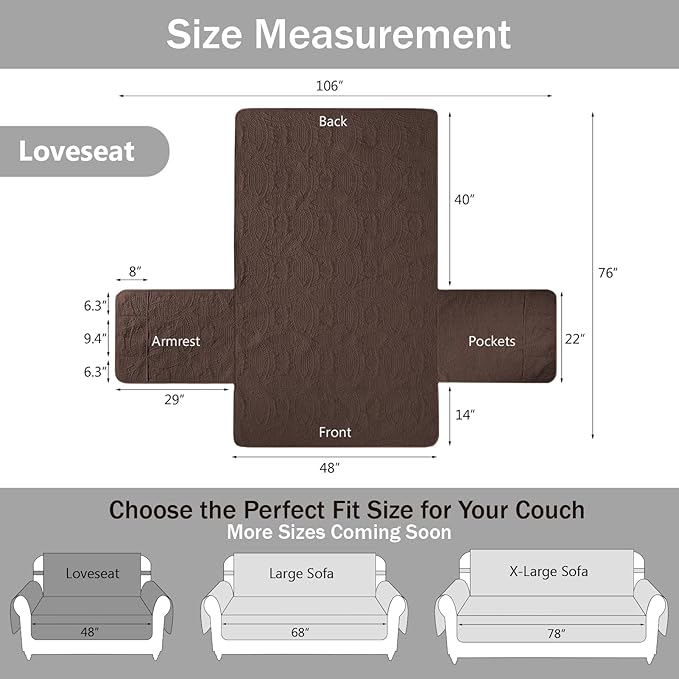 Water Repellent Loveseat Cover for 2 Cushion Couch, Machine Washable Love Seat Quilted Couch Covers, Pet Friendly Sofa Slipcovers (Loveseat 48", Chocolate)