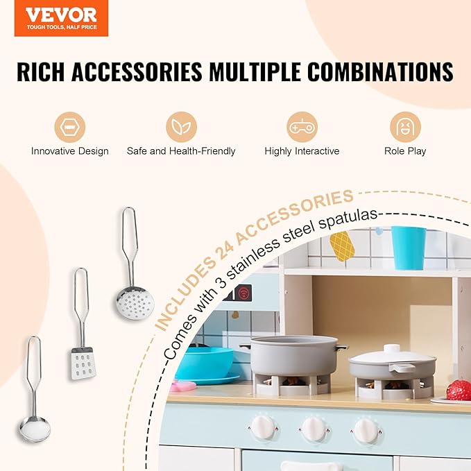 VEVOR Wooden Play Kitchen Toy, Play Kitchen for Kids with Lights and Sounds, Toddler Kitchen with Ice Maker, Oven, Sink, Microwaves, Fridge and Utensil and Fruit Accessory for Toddlers Ages 3-8, White