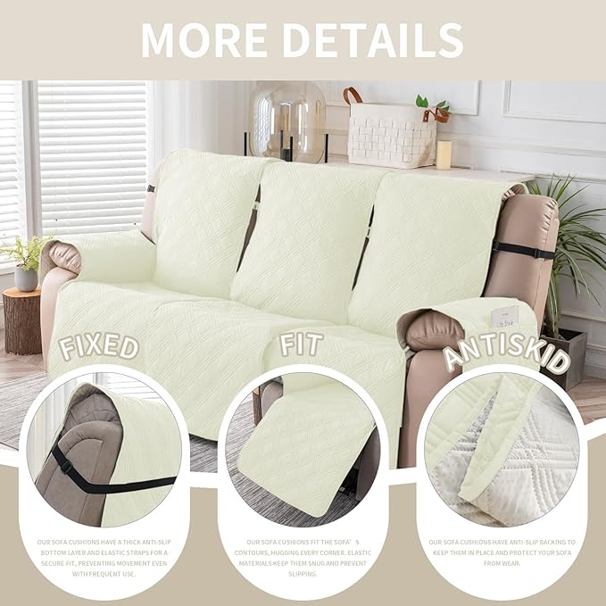 Easehomey Waterproof Recliner Sofa Cover,Non-Slip Reclining Sofa Covers for 3 Seat,Washable Reclining Sofa Cover Furniture Protector with Elastic Straps Pocket for Kids, Pets(Cream White,3Seat)