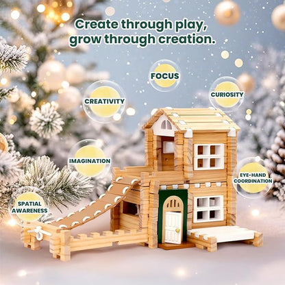 Jovi-mindly Dream House Building Blocks Set Wooden Blocks Toys (107 pcs) with Door and Windows, Educational Classic Wooden Blocks for Toddlers Ages 3+ Boys and Girls Aged,FSC Certified