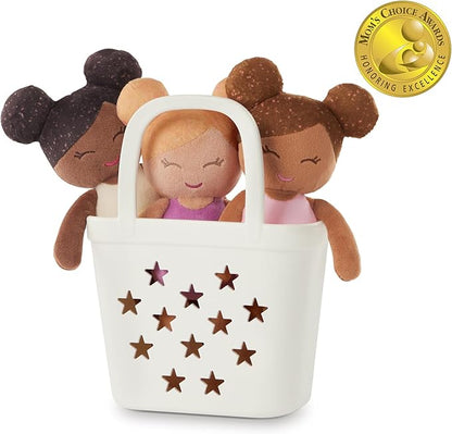 LullaBaby – 3 Pieces Set of Soft Plush Dolls for Real Water Play – Carrying Basket with Cute Star Cutouts – Pretend Play – Tub Toys for Kids 2+ Years– Bath Yoy Bundle