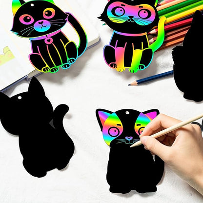CY2SIDE 60PCS Cat Animal Scratch Bookmarks for Kids, DIY Cat Rainbow Color Paper Cards Craft Kit Birthday Decorations, Catling Pet Magic Art Project Party Favors for School Classroom Activities