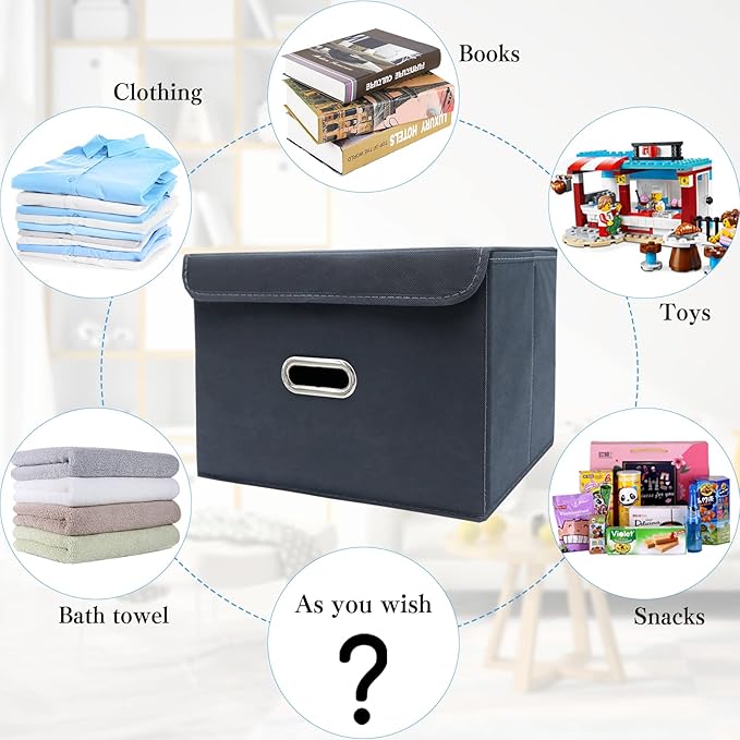 STOREONE Fabric Storage Cube Bins Foldable Organizer Container Collapsible Basket with Lids and Metal Handles, for Home, Bedroom, Closet 8 Pcs (Grey)