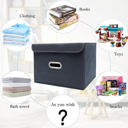 STOREONE Fabric Storage Cube Bins Foldable Organizer Container Collapsible Basket with Lids and Metal Handles, for Home, Bedroom, Closet 8 Pcs (Grey)