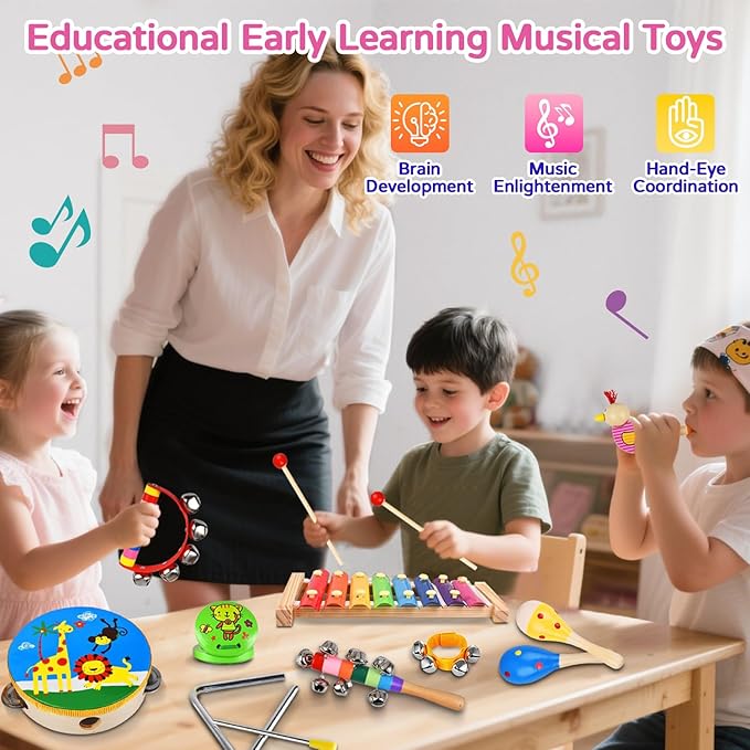 Kids Musical Instruments Set, 20 Pcs Toddler Wooden Percussion Instruments for Baby Children with Tambourine Xylophone Maracas, Preschool Musical Toys Set for Boys and Girls with Carrying Bag