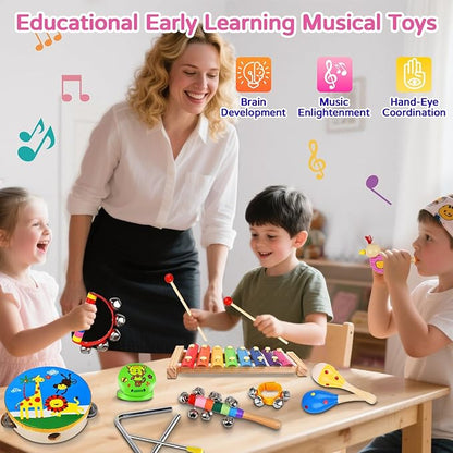 Kids Musical Instruments Set, 20 Pcs Toddler Wooden Percussion Instruments for Baby Children with Tambourine Xylophone Maracas, Preschool Musical Toys Set for Boys and Girls with Carrying Bag