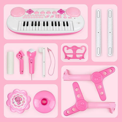 Kids Piano Keyboard Toys, 31-Keys Piano for Toddler Ages 3-5-9, Educational Toys with Microphone, Stool, Portable Multifunction Electronic Musical Instrument, 3+Year Old Girls Birthday Gift Ideas-Pink