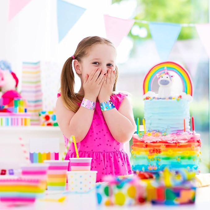 Junkin 24 Pcs Rainbow Party Favor Rainbow Slap Bracelets for Kids Wristbands Bracelets Cloud Party Favor Unicorn Rainbow Party Decoration Girl Boy Kid Baby Shower Party Supplies Magical Party (Lovely)