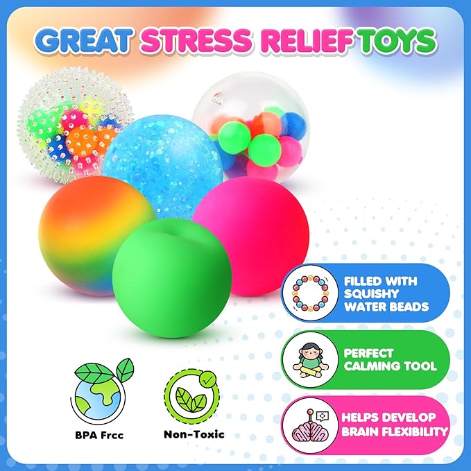 6 Set Squishy Sensory Stress Squeezing Balls forAdults: Best Calming Tool to Relieve Anxiety, Vent Mood and Improve Focus, Easter Basket Stuffers for Kids, Goodie Bag Stuffers