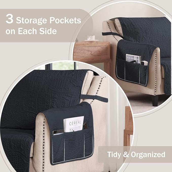 Soft Quilted Couch Cover, Medallion Designed Anti-Slip Blue Gray Sofa Slipcovers for 3 Cushion, Pet Friendly Sofa Cover for Dogs Cats Water-Repellent Washable (Large Sofa 68", Blue Gray)