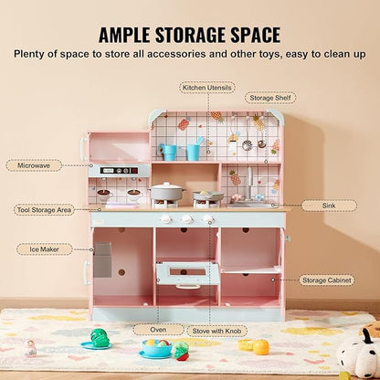 VEVOR Wooden Play Kitchen Toy, Play Kitchen for Kids with Lights and Sounds, Toddler Kitchen with Ice Maker, Oven, Sink, Microwaves, Fridge and Utensil and Fruit Accessory for Toddlers Ages 3-8, Pink