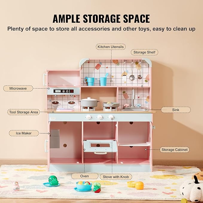 VEVOR Wooden Play Kitchen Toy, Play Kitchen for Kids with Lights and Sounds, Toddler Kitchen with Ice Maker, Oven, Sink, Microwaves, Fridge and Utensil and Fruit Accessory for Toddlers Ages 3-8, Pink