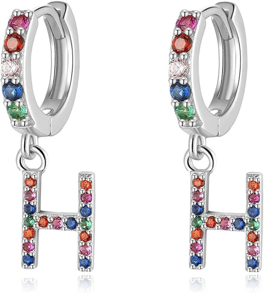 Presentski Initial Earrings 925 Sterling Silver Colorful Huggie Small Hoop Earrings Rainbow CZ Drop Dangle Simple Alphabet Earrings S925 Hypoallergenic Earring Letter A-Z for Daughter Women