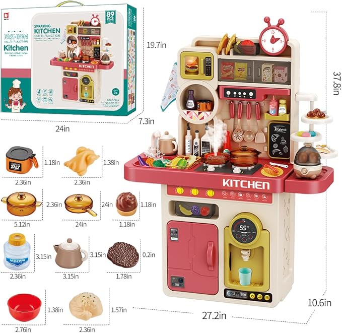Deejoy 89 PCS Kitchen Playset, Kids Kitchen Toys with Realistic Lights and Sounds, Pretend Steam and Water Tank Functions, Kitchen Color Changing Play Food Accessories for Boys and Girls (Green)