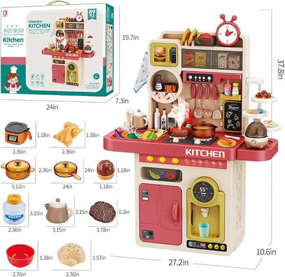 Deejoy 89 PCS Kitchen Playset, Kids Kitchen Toys with Realistic Lights and Sounds, Pretend Steam and Water Tank Functions, Kitchen Color Changing Play Food Accessories for Boys and Girls (Green)