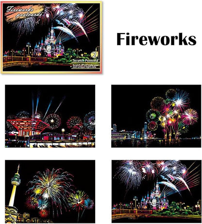 Georgie Porgy Scratch Paper Art Set DIY Arts and Crafts Kits for Kids Adults Magic Rainbow Scratch Postcards for Christmas Birthday Gift with Scratching Tools Kit (Europe Fireworks Architecture)