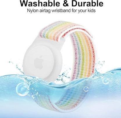 4 Pack Nylon Air Tag Bracelet for Kids, Soft Nylon Air Tag Wristband for Apple Air Tag, Adjustable Anti Lost Wristband for Toddler Baby, Boys, and Girls, Elders (Black/Blue/Pink Sand/Rainbow)
