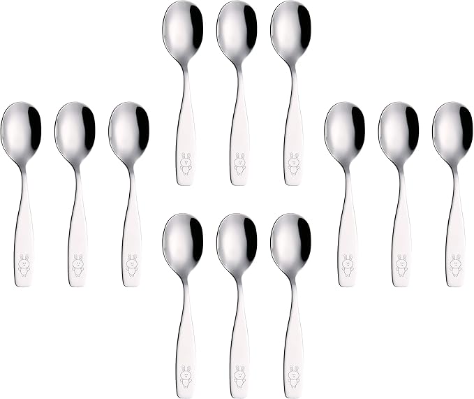 ANNOVA Kids Silverware Children's Safe Flatware Set Stainless Steel - 12 x Children Dinner Spoons, Toddler Utensils, Metal Cutlery Set for LunchBox (Engraved Dog Bunny) (Stainless Steel, 12 Spoons)