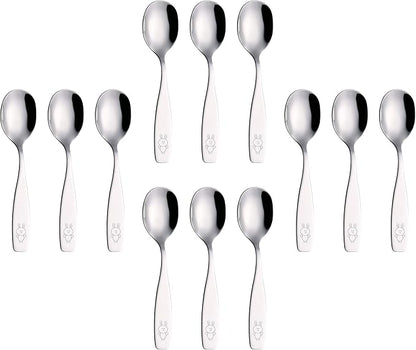 ANNOVA Kids Silverware Children's Safe Flatware Set Stainless Steel - 12 x Children Dinner Spoons, Toddler Utensils, Metal Cutlery Set for LunchBox (Engraved Dog Bunny) (Stainless Steel, 12 Spoons)