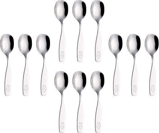 ANNOVA Kids Silverware Children's Safe Flatware Set Stainless Steel - 12 x Children Dinner Spoons, Toddler Utensils, Metal Cutlery Set for LunchBox (Engraved Dog Bunny) (Stainless Steel, 12 Spoons)