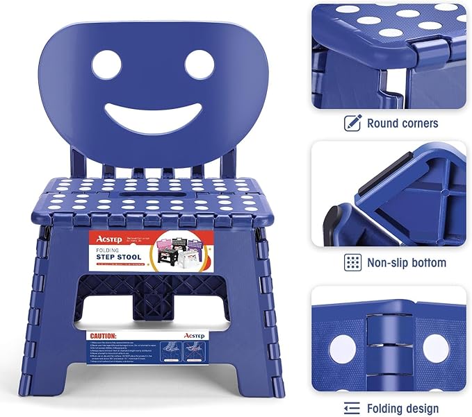 ACSTEP Folding Step Stool with Back Support for Kids,9" Kids Step Stool for Outdoor or Indoor Kitchen Step Stools and Bathroom Stool for Toddlers Boys Girls - Royal Blue, 10 Pack