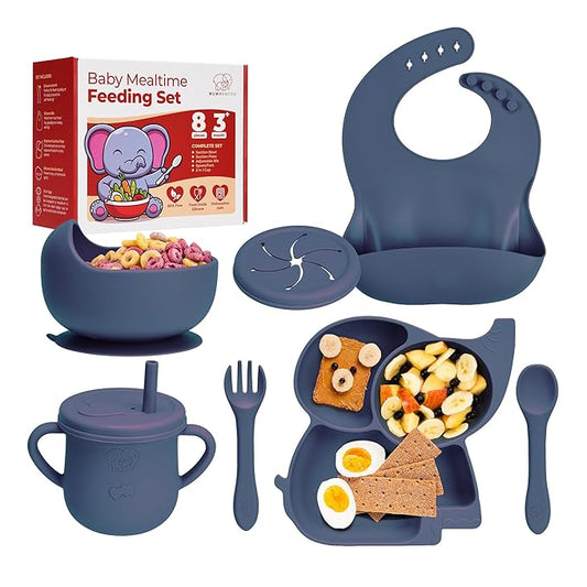 Complete Silicone Baby Feeding Set - 6+ Months Food Grade Baby Feeding Essentials | Silicone Bibs, Baby Bowls and Plates, 3 in 1 Baby Sippy Cup, Spoons and Fork Set | Free of BPA/PVC/Lead/Phthalate