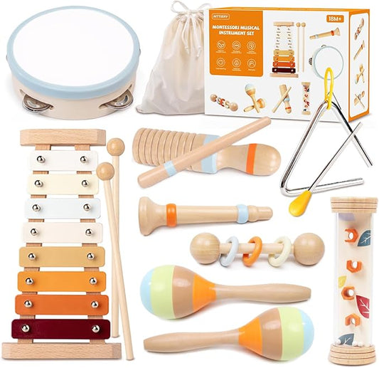Baby Musical Instruments Sets, Montessori Wooden Percussion Educational Musical Toys for Toddlers, Xylophone Preschool Learning Activities Birthday Gifts for Boys Girls