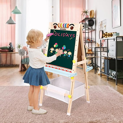 Kids Easel with Paper Roll Double-Sided Whiteboard & Chalkboard Standing Easel with Numbers and Other Accessories for Kids and Toddlers (with Abacus)