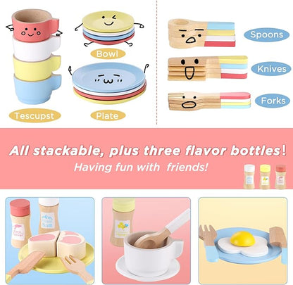 GAGAKU Wooden Play Dishes and Plates for Kids Kitchen Set 27 PCS Montessori Wooden Play Kitchen Accessories Kitchen Toy for Toddlers Wooden Play Cooking Set for 3-8 Years Girls and Boys