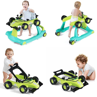 HONEY JOY 4-in-1 Baby Walker, Activity Push Walker w/3 Adjustable Heights, Smooth Wheels w/Adjustable Speed, Padded Seat, Music & Light, Foldable Car Walker for Baby Boys Girls Age 6 Months+ (Green)