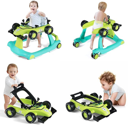 HONEY JOY 4-in-1 Baby Walker, Activity Push Walker w/3 Adjustable Heights, Smooth Wheels w/Adjustable Speed, Padded Seat, Music & Light, Foldable Car Walker for Baby Boys Girls Age 6 Months+ (Green)