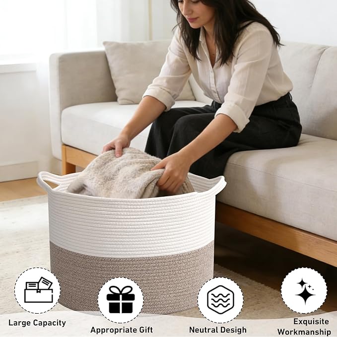 90L Extra Large Blanket Basket,Rope Woven Storage Basket with Handles, Laundry Hamper for Toys, Clothes, Pillows & Towels, Perfect for Living Room, Nursery & Bedroom, White & Brown