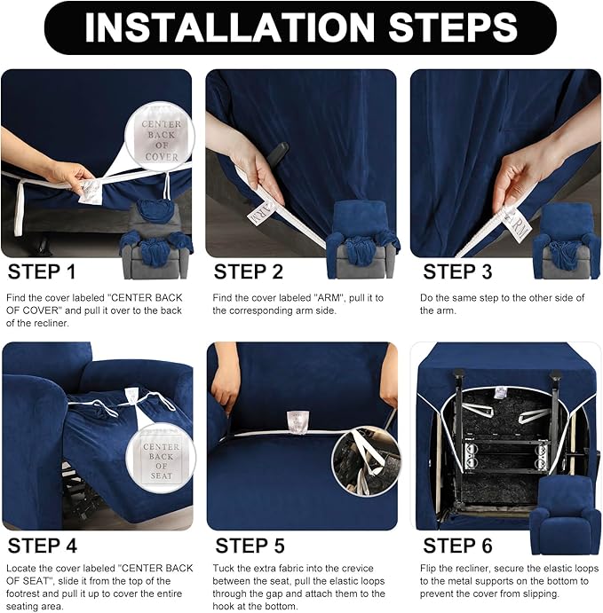 FestiCorp Recliner Chair Covers Real Velvet 4-Pieces Recliner Covers for Small Lazy Boy Recliner Chair Stretch Recliner Sofa Slipcovers Furniture Protector with Side Pocket & Elastic Bottom, Navy