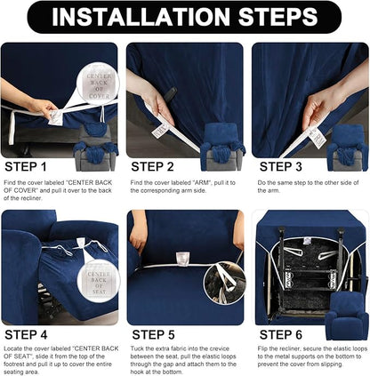 FestiCorp Recliner Chair Covers Real Velvet 4-Pieces Recliner Covers for Small Lazy Boy Recliner Chair Stretch Recliner Sofa Slipcovers Furniture Protector with Side Pocket & Elastic Bottom, Navy