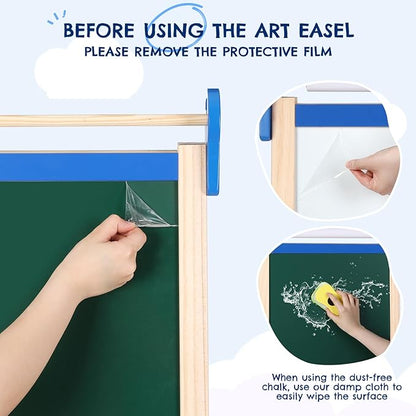 Kids Easel 3-1,Magnetic Chalkboard & Whiteboard, Paper Painting, Big Storage with Canvas Bag, Painting Sets with Finger Paints,Chalks,Brushes,Number Letters Magnets, Apron, Gift for Kids, Blue